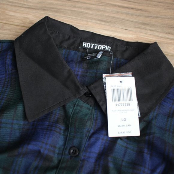 Hot Topic Green & Blue Plaid Sleeveless Girls Button-Up Top - Picture 3 of 4